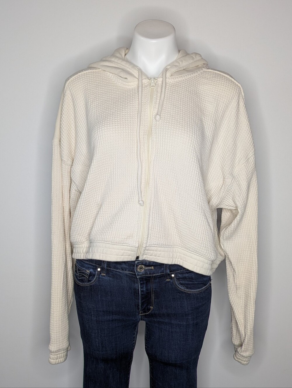 Aerie Cream Waffle Know Long Sleeve Cotton Blend Pullover Zip Up Hoodie XL